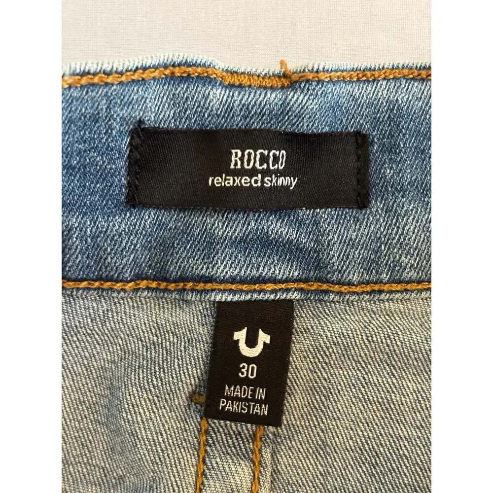 True Religion Men's 30 Rocco Relaxed Skinny Ripped Distressed Jeans‎ Light Wash